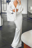 White Sexy Solid Color Patchwork Strap Design Deep V Neck Long Sleeve Two Pieces