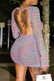 Colour Sexy Patchwork Backless O Neck Wrapped Skirt Dresses