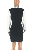 Black Casual Letters Lace Up Buckle Patchwork O Neck Wrapped Skirt Dresses