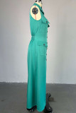 Khaki Elegant Solid Color Pocket Buckle Patchwork Turndown Collar Long Dresses
