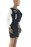 Black Casual Letters Lace Up Buckle Patchwork O Neck Wrapped Skirt Dresses