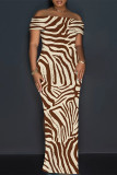 Brown Sexy Striped Print Slit Off Shoulder Printed Dresses
