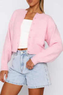 Pink Casual Solid Color Buckle Patchwork Button Collar Tops