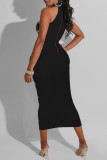 Black Sexy Patchwork Hot Drill Zipper O Neck Long Dresses