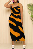 Orange Sexy Striped Print Contrast Printed Dresses