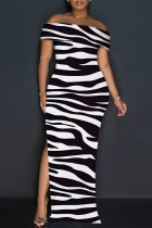 Black And White Sexy Striped Print Slit Off Shoulder Printed Dresses