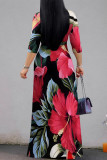 Blue Black Elegant Floral Print Lace Up V Neck Printed Dresses