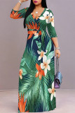 Blue Black Elegant Floral Print Lace Up V Neck Printed Dresses
