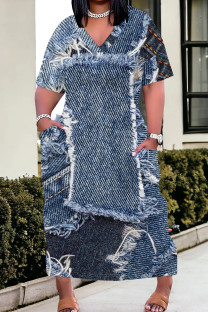 Gray Blue Elegant Print Pocket Patchwork V Neck Straight Plus Size Dresses
