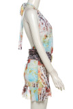 Colour Sexy Print Patchwork Ruched Deep V Neck Wrapped Skirt Dresses