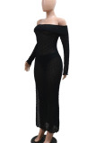 Rose Red Sexy Solid Color Patchwork Backless High Slit Off Shoulder Long Sleeve Two Pieces