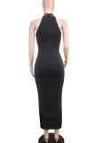 Black Sexy Patchwork Hot Drill Zipper O Neck Long Dresses