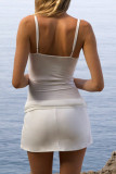 White Sexy Solid Color Patchwork Backless With Belt Spaghetti Strap Sleeveless Two Pieces