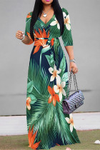Green Elegant Floral Print Lace Up V Neck Printed Dresses