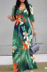 Green Elegant Floral Print Lace Up V Neck Printed Dresses
