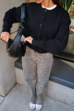 Black Casual Solid Color Buckle Patchwork Button Collar Tops