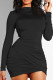 Black Sexy Solid Color Patchwork Ruched O Neck Wrapped Skirt Dresses