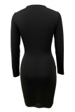 Black Sexy Solid Color Patchwork Ruched O Neck Wrapped Skirt Dresses