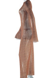 Brown Sexy Print Patchwork See-Through O Neck Long Dresses