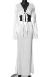 White Sexy Solid Color Patchwork Strap Design Deep V Neck Long Sleeve Two Pieces