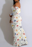 Black And White Sexy Print Patchwork Backless Off Shoulder Long Dresses