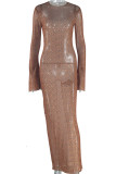 Brown Sexy Print Patchwork See-Through O Neck Long Dresses