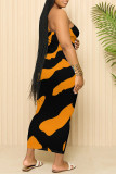 Orange Sexy Striped Print Contrast Printed Dresses