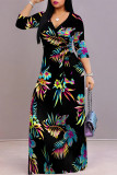 Blue Black Elegant Floral Print Lace Up V Neck Printed Dresses