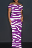 Brown Sexy Striped Print Slit Off Shoulder Printed Dresses