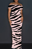 Brown Sexy Striped Print Slit Off Shoulder Printed Dresses