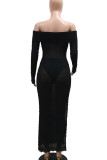 Rose Red Sexy Solid Color Patchwork Backless High Slit Off Shoulder Long Sleeve Two Pieces