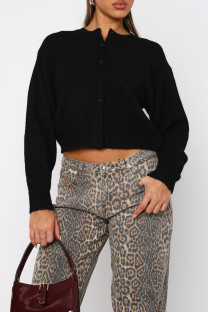 Black Casual Solid Color Buckle Patchwork Button Collar Tops