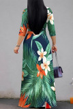 Blue Black Elegant Floral Print Lace Up V Neck Printed Dresses