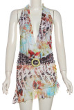 Colour Sexy Print Patchwork Ruched Deep V Neck Wrapped Skirt Dresses