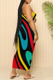 Orange Sexy Striped Print Contrast Printed Dresses