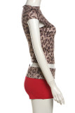 Leopard Print Sexy Leopard Print Patchwork O Neck Sleeveless Two Pieces