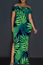 Green Elegant Print Patchwork Backless High Slit Off Shoulder Long Dresses