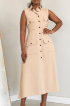 Khaki Elegant Solid Color Pocket Buckle Patchwork Turndown Collar Long Dresses
