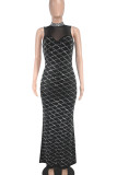 Black Sexy Patchwork Hot Drill Zipper O Neck Long Dresses