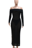 Rose Red Sexy Solid Color Patchwork Backless High Slit Off Shoulder Long Sleeve Two Pieces