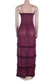 Colour Elegant Print Hollowed Out Patchwork See-through High Opening Mesh Spaghetti Strap Sling Dresses