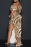 Brown Sexy Striped Print Slit Off Shoulder Printed Dresses
