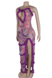 Colour Elegant Print Hollowed Out Patchwork See-through High Opening Mesh Spaghetti Strap Sling Dresses