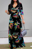 Blue Black Elegant Floral Print Lace Up V Neck Printed Dresses