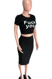 Black Casual Letters Patchwork O Neck Short Sleeve Two Pieces