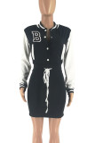 Black Casual Letters Lace Up Buckle Patchwork O Neck Wrapped Skirt Dresses