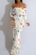 Multicolor Sexy Print Patchwork Backless Off Shoulder Long Dresses