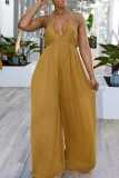 Earth Yellow Sexy Casual Solid Color Lace Up Backless Halter Bodycon Jumpsuits