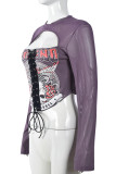Purple Street Print Hollow Out Patchwork Cross Straps O Neck Tops