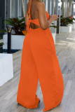 Earth Yellow Sexy Casual Solid Color Lace Up Backless Halter Bodycon Jumpsuits